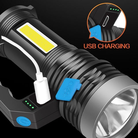 USB Rechargeable LED Torch Emergency Camping COB Flashlight -Blue