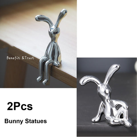 2Pcs Modern 3D Bunny Rabbit Bust Statue for Home Decoration - Silver