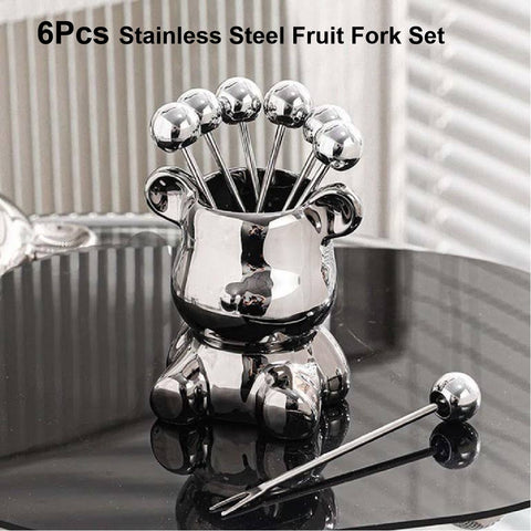 1set Bear Bust Statue with 6 Pcs Stainless Steel Cutlery Fork Set