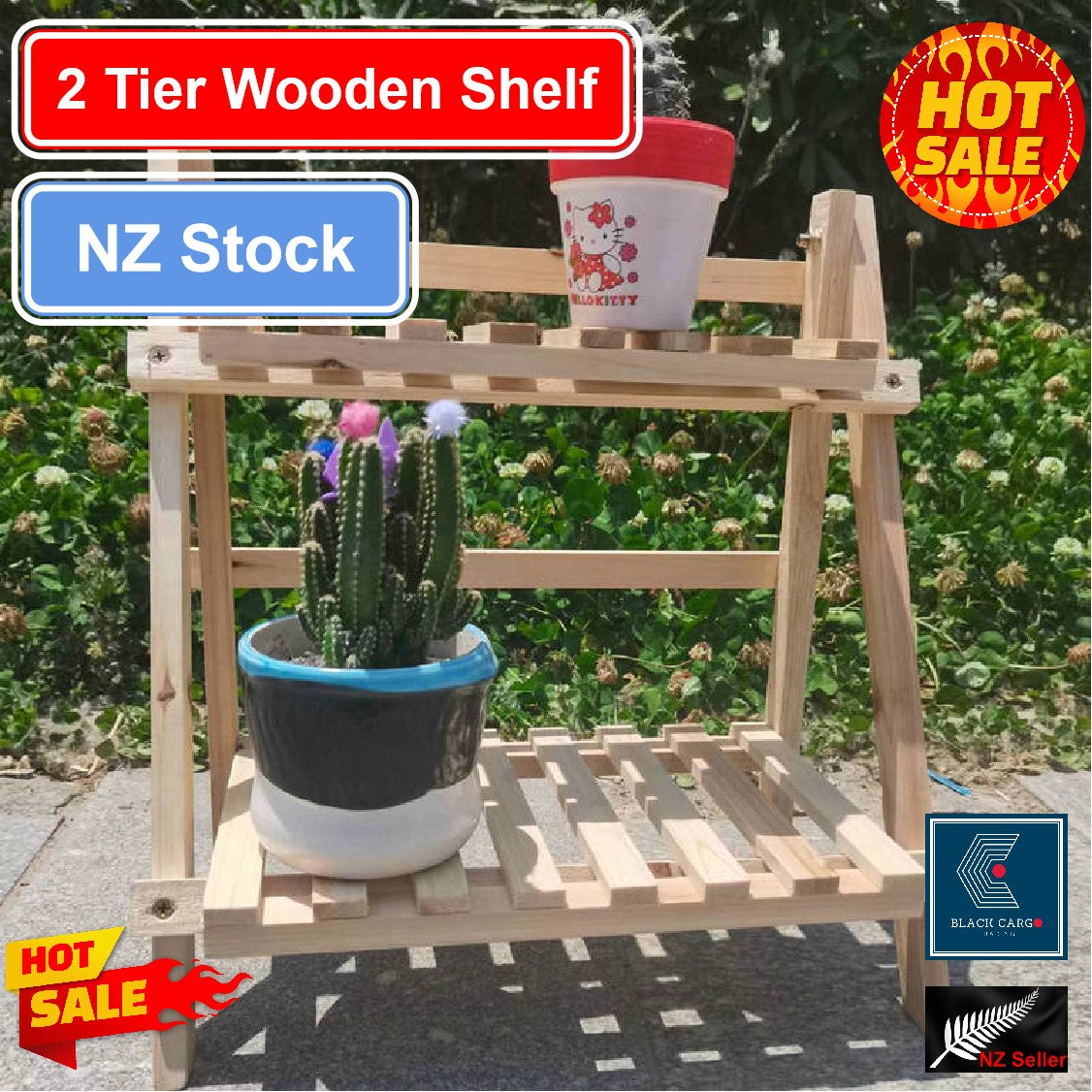 2 Tier Wooden Shelf Organizer Shelves Flower Pot Rack Storage Holders - Referdeal