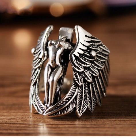 Men's Ring Gothic Cross Guardian Angel Wings Vintage Ring Jewellery Size 12