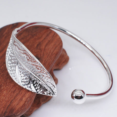 Bangle Charm Bracelet 925 Sterling Silver Gorgeous Silver Leaf Cuff Jewellery