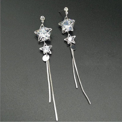 925 Sterling Silver Tassel Drop Earrings Romantic Star Long Geometry Jewellery