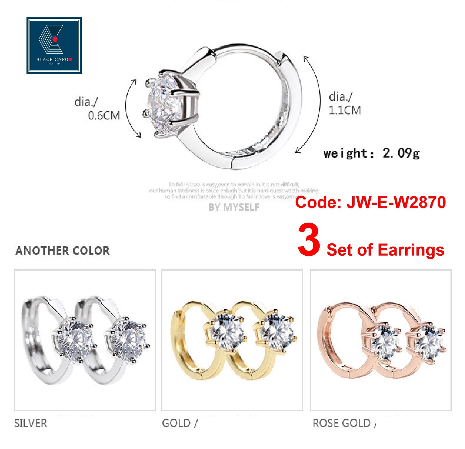 3 pairs Earrings Jewelry / 925 Silver Rose Gold, Yellow Gold - Referdeal