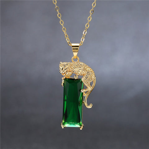 925 Sterling Silver Necklace 18KGP Gold Emerald Crystal Leopard Jewellery