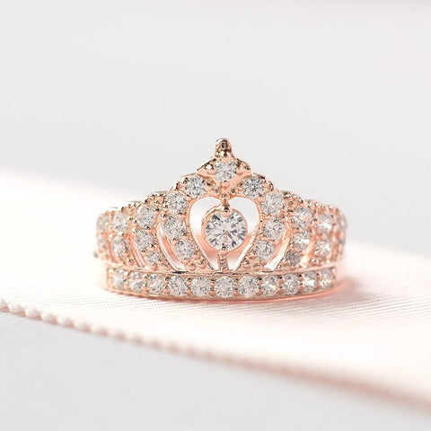 Cubic Zirconia Diamond Ring 18KGP Rose Gold Crown Design Promise Ring Jewellery Size 7