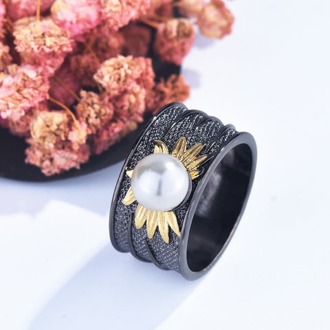 925 Sterling Silver Ring Gothic Sunflower Pearl Bohemian Style Jewellery Size 8