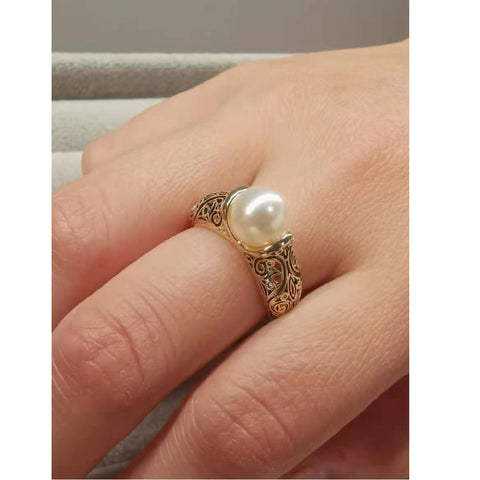 Pearl Ring 18KGP Gold Vintage Antique Ring Simple Design Jewellery Size 7