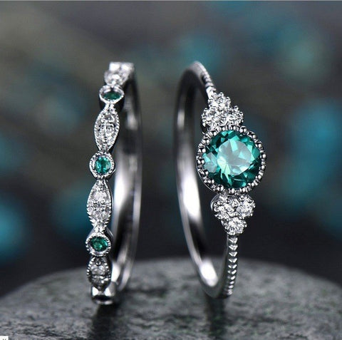 Cubic Zirconia Diamond Ring Set 2 Rings 925 Silver Emerald Stackable Rings Jewellery Size 9