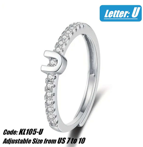 CZ Diamond 18KGP White Gold Alphabet Opening Ring Jewellery - Letter U