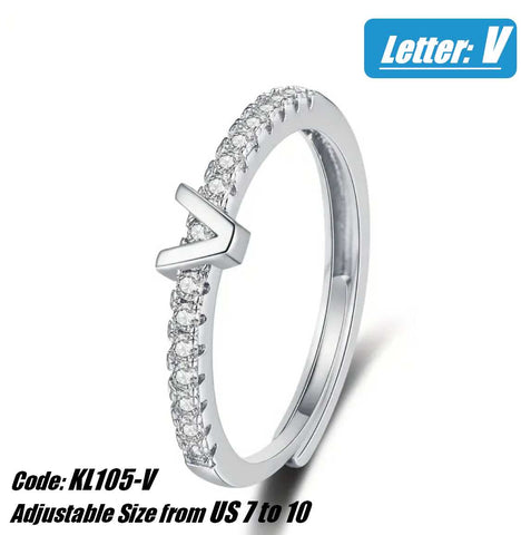 CZ Diamond 18KGP White Gold Alphabet Opening Ring Jewellery - Letter V