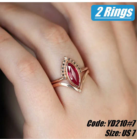 2Pcs CZ Diamond 18KGP Rose Gold Vintage Ruby Ring Wedding Jewellery Size 7
