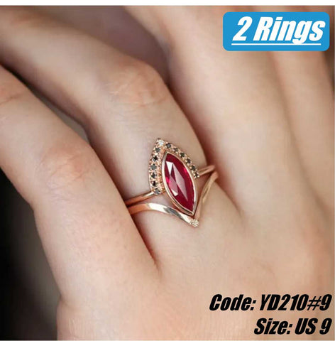 2Pcs CZ Diamond 18KGP Rose Gold Vintage Ruby Ring Wedding Jewellery Size 9
