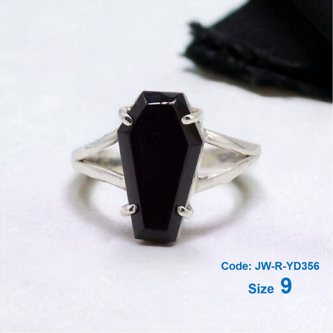 925 Sterling Silver Black Coffin Ring Gothic Gemstone Ring Halloween Jewellery Size 9