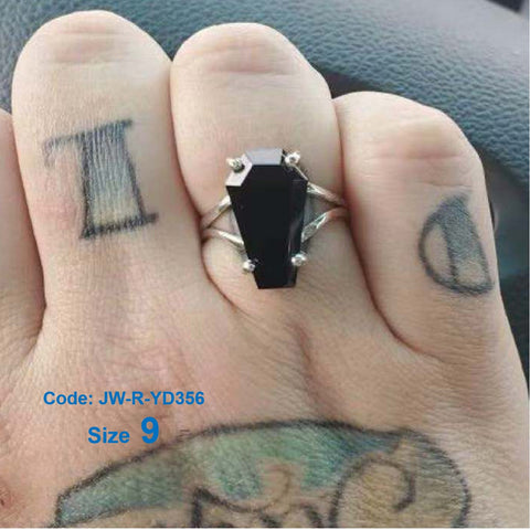 925 Sterling Silver Black Coffin Ring Gothic Gemstone Ring Halloween Jewellery Size 9