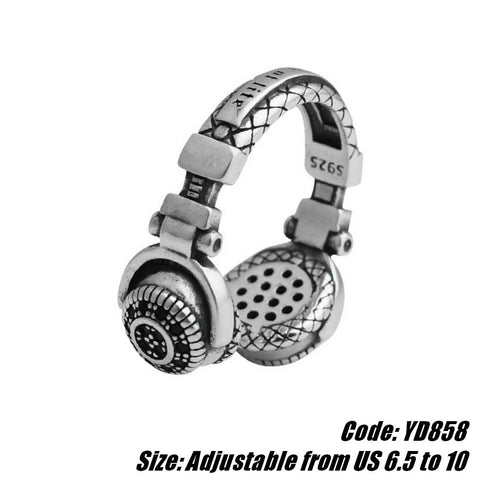 925 Sterling Silver Vintage Hip Hop Punk Headset Ring Women Jewellery
