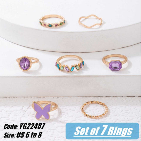 7Pcs Set 18KGP Yellow Gold Animal Inspired Rhinestone Rings Jewellery