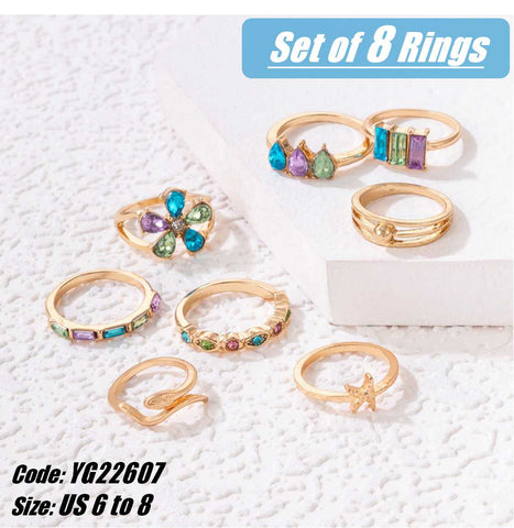 8Pcs Set 18KGP Yellow Gold Sweet Acrylic Geometric Rings Jewellery