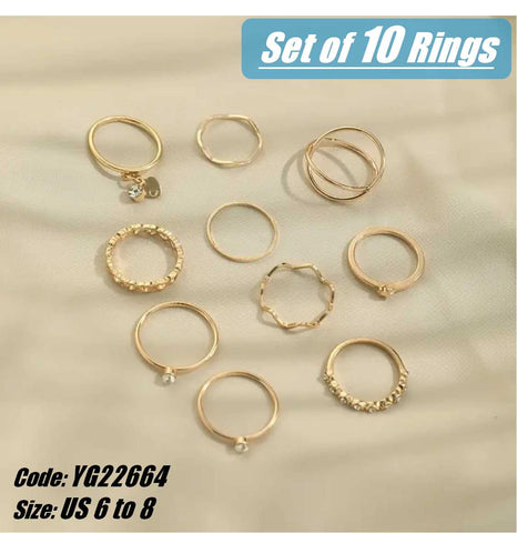 10Pcs Set 18KGP Yellow Gold Vintage Bohemian Love Heart Rings Jewellery