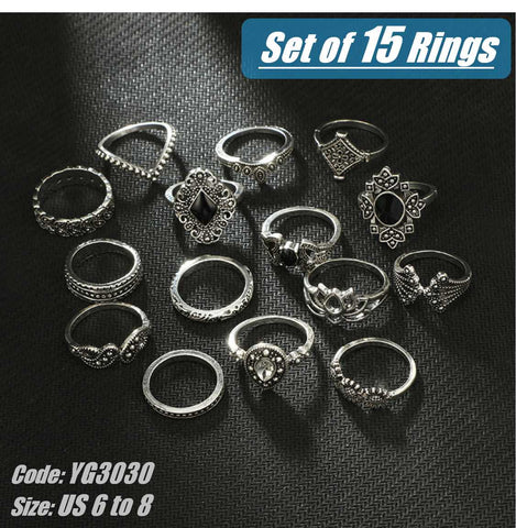 15Pcs Set 925 Sterling Silver Boho Hollow Lotus Flower Rings Jewellery