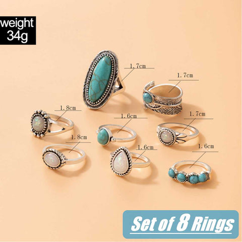8Pcs Set 925 Sterling Silver Vintage Turquoise Rings Antique Jewellery
