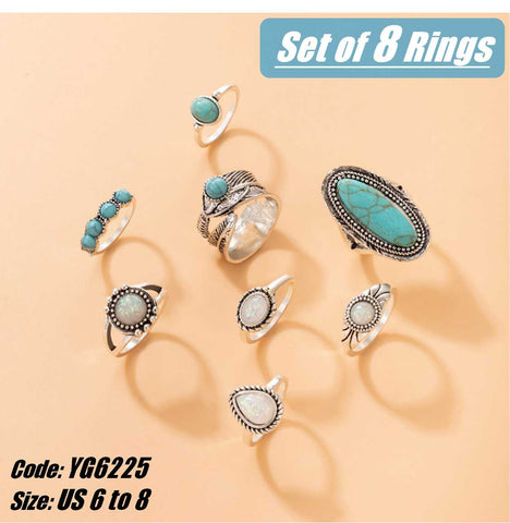 8Pcs Set 925 Sterling Silver Vintage Turquoise Rings Antique Jewellery