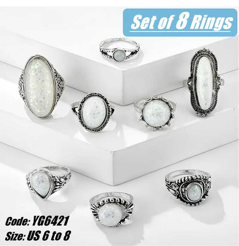 8Pcs Set 925 Sterling Silver Vintage Boho Opal Stackable Rings Jewellery