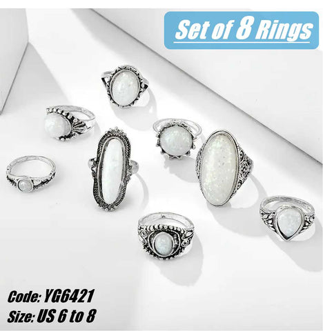 8Pcs Set 925 Sterling Silver Vintage Boho Opal Stackable Rings Jewellery