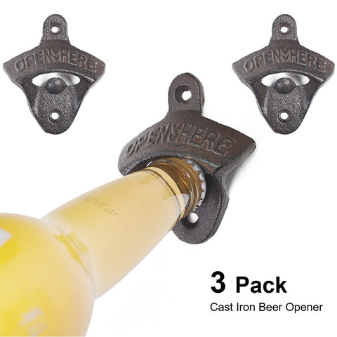 3Pcs Vintage Cast Iron Wall Mount Beer Bottle Opener Wall Hanging Drink Opener