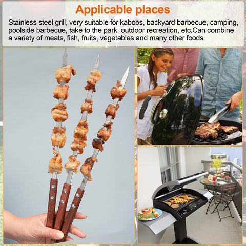 6Pcs BBQ Skewers Kebab Sticks Barbecue Grill 60cm Stainless Steel Wooden Handle