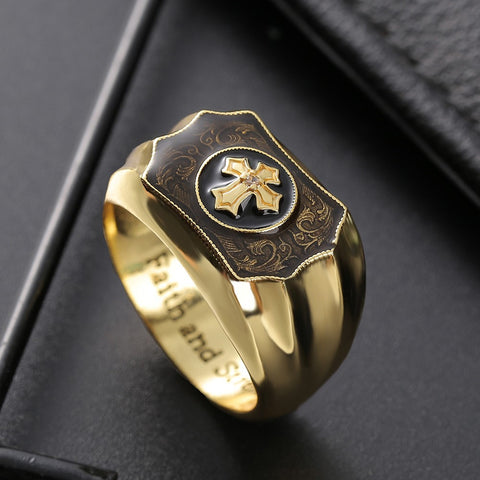 Men's Ring Gold Onyx Cross Ring Religious Amulet Faith Jewellery Size 12