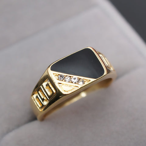 Cubic Zirconia Diamond Ring 18KGP Gold Rhinestone Black Enamel Classic Ring Jewellery Size 12