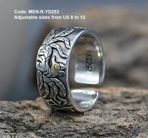 Men's Ring 925 Sterling Silver Vintage Fox Embroidered Ring Jewellery