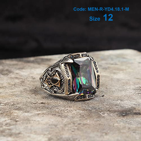 Men's Ring Zircon Colourful Gemstone Ring 925 Sterling Silver Jewellery Size 12
