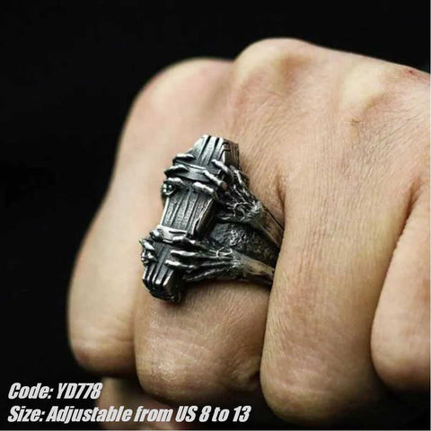 Men's Ring Vintage Coffin Skull Hand Ring Jewellery Adjustable Size
