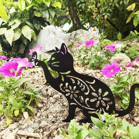 Cute Black Metal Cat Garden Statues Decorative Garden Stakes Outdoor Sculptures