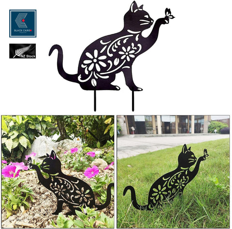 Cute Black Metal Cat Garden Statues Decorative Garden Stakes Outdoor Sculptures