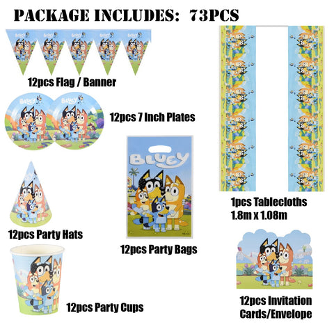 73Pcs Kids' Birthday Party Decoration Paw Patrol Bluey Banner Plates Cups