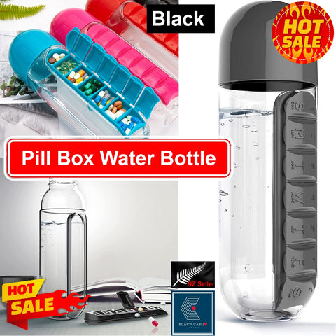 Essentials Water Bottle with Portable Pill Box For Daily Vitamin Supplement-Black