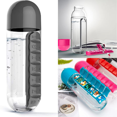 Essentials Water Bottle with Portable Pill Box For Daily Vitamin Supplement-Black