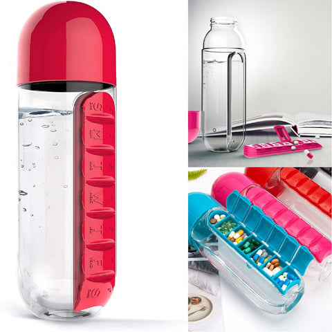Pill Box Organizer with Water Bottle 600ML Travel Pill Organizer Drinking Cups