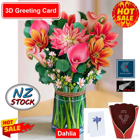Pop Up Flower Bouquet Greeting Card 3D Birthday Festival Gift Card Dahlia