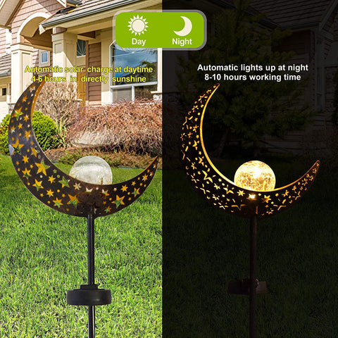 Solar Lights Garden Decor Moon Stake Light Crackle Glass Metal Decorative Lights