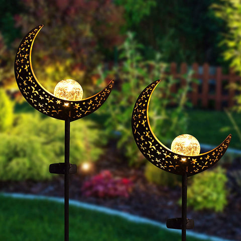 Solar Lights Garden Decor Moon Stake Light Crackle Glass Metal Decorative Lights