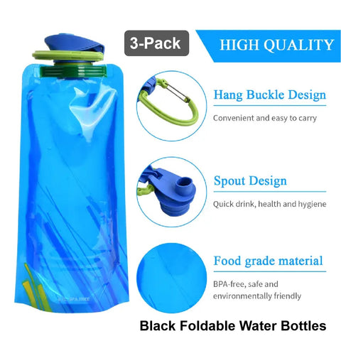 3Pack Collapsible Folding Sports Water Bottle 700ml -Black