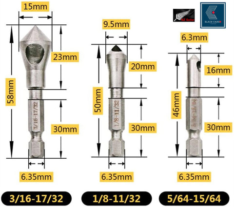 3Pcs Countersink Sinker Drill Bit Set 90 Degree High Speed Steel 5/64, 3/16, 1/8