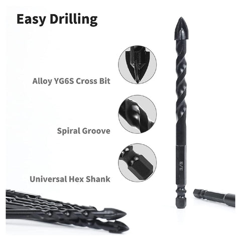 5Piece Masonry Drill Bits Kit 1/8"-1/2" for Concrete Stone Carbide Tile Brick