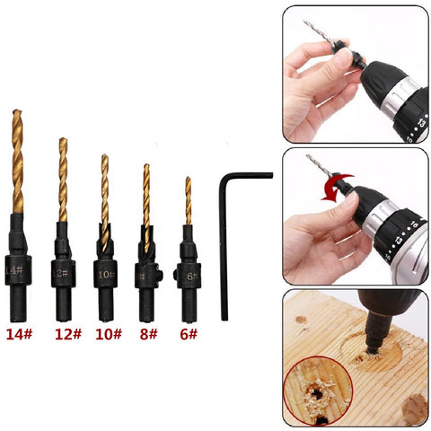 Wood Countersink Drill Bit Set 5Pcs #6-#14 HSS M2 Tapered Drill Bits
