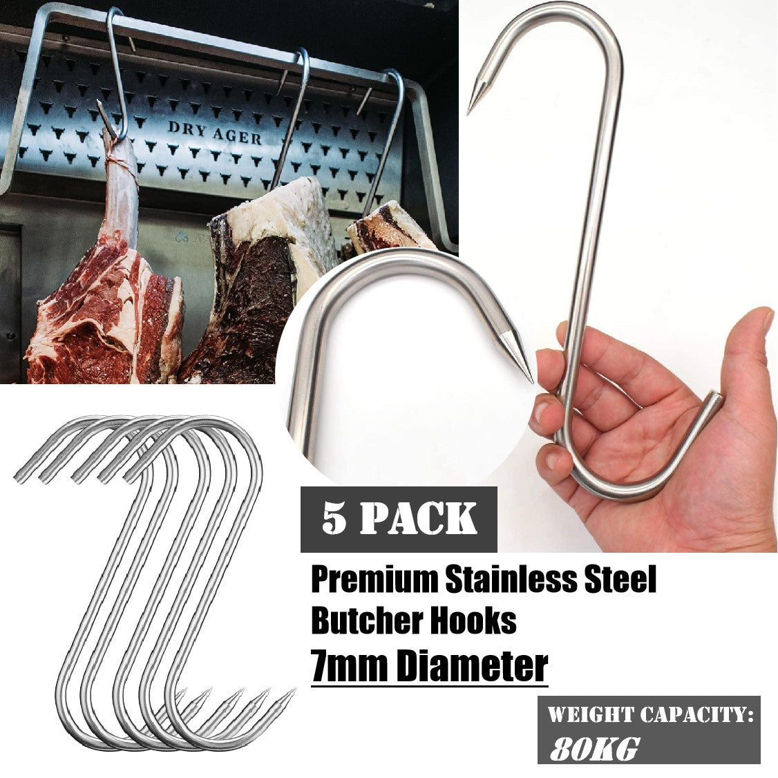Meat Hook Injuries 5Pack Butcher Meat Hooks Hunting Meat Stainless Steel BBQ Smoker ...