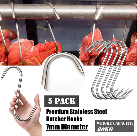 5Pack Premium Butcher Meat Hooks Stainless Steel 21cm S-Hooks
